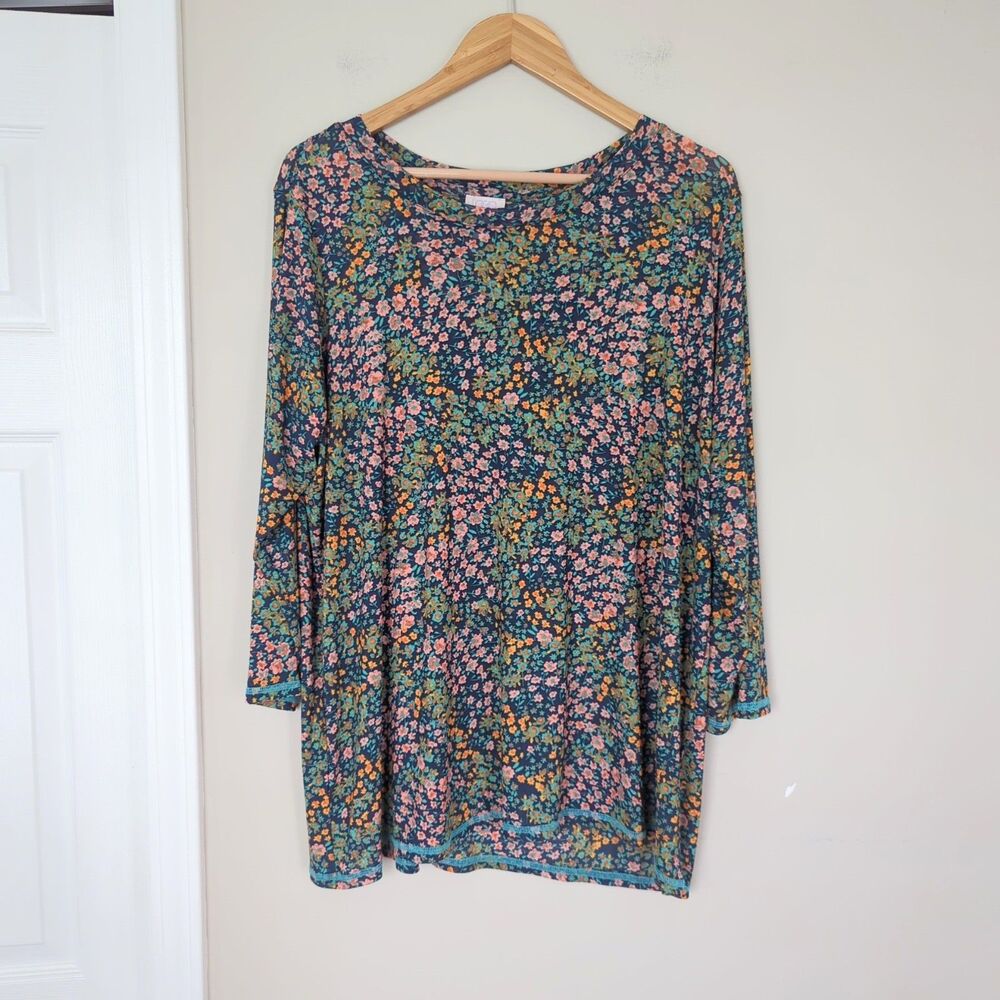 LOGO Layers Lori Goldstein Blue Green Floral Mesh 3/4 Sleeve Top 1X Plus - Picture 1 of 10